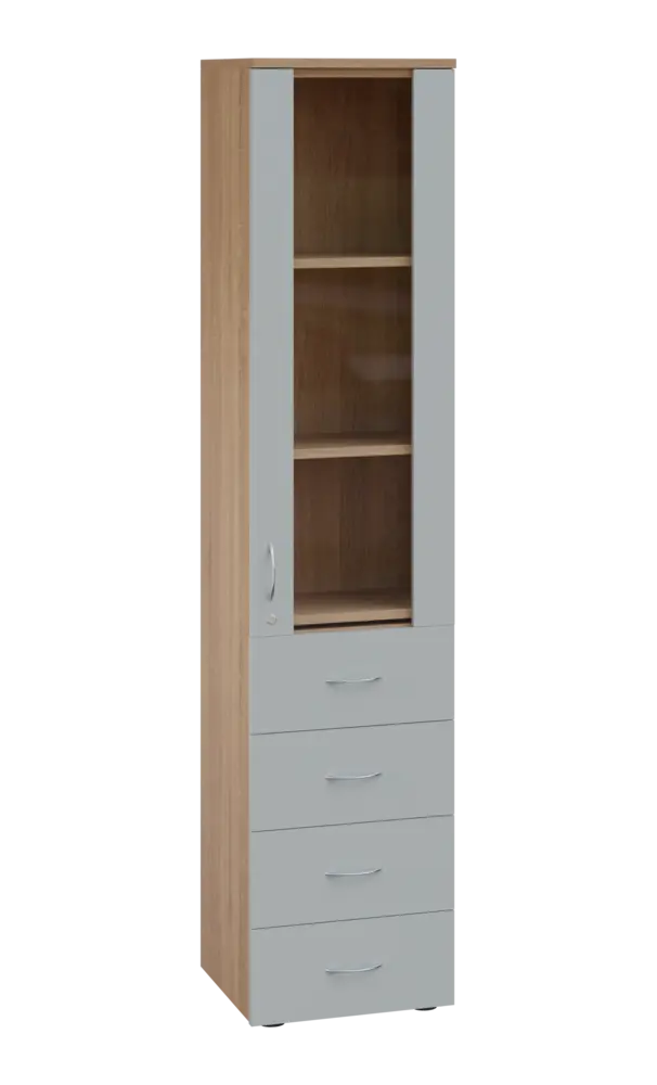 LE - 44 skříň léková prosklená, pravá, korpus dub bardolino, dvířka šedá